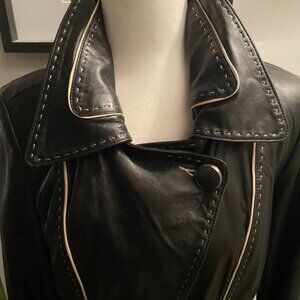 BURBERRY LAMBSKIN LEATHER TRENCH COAT w/contrast tan stitch and leather- rare